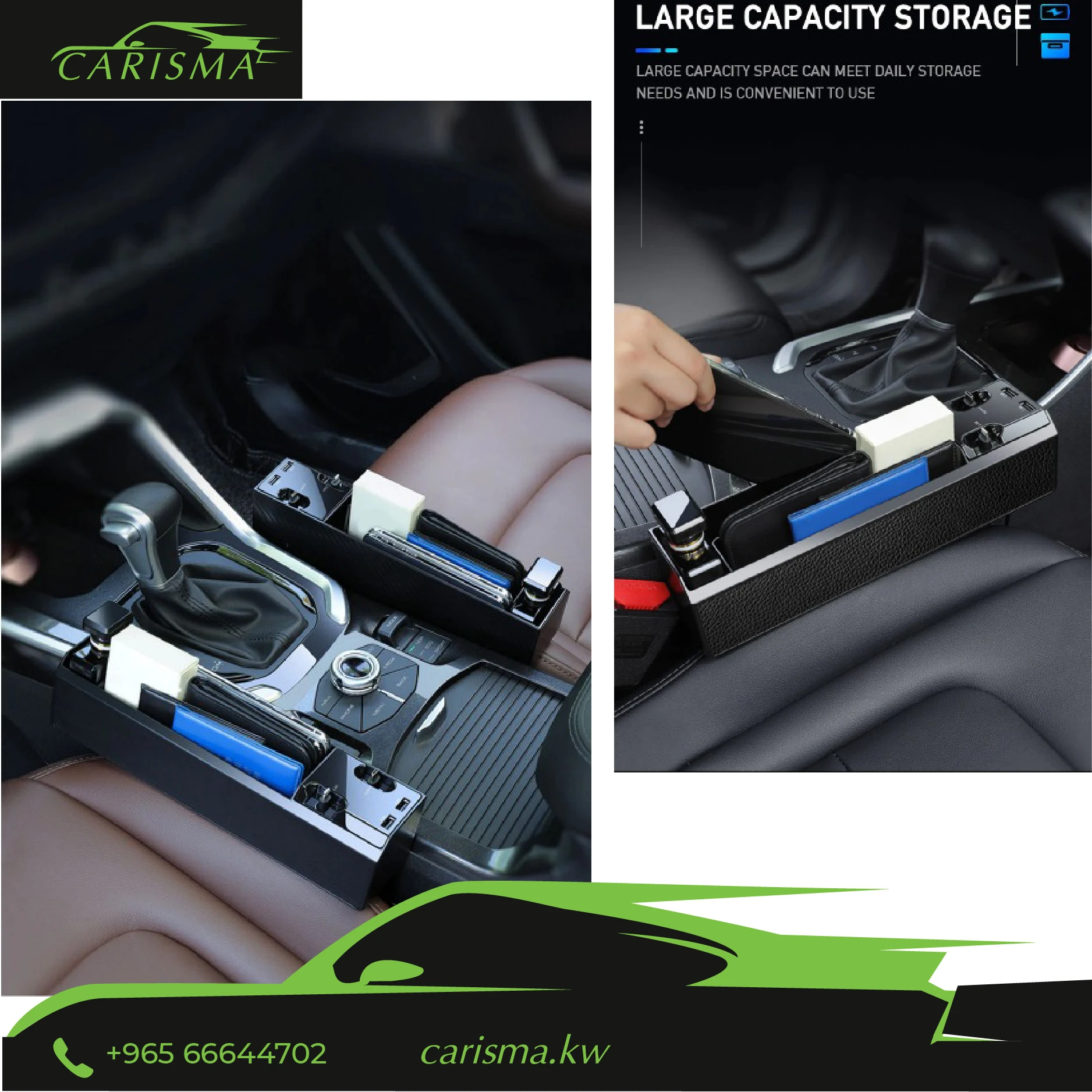 Gap Organizer with 2 USB Ports, iOS and Type-C QC3.0 Fast Cables