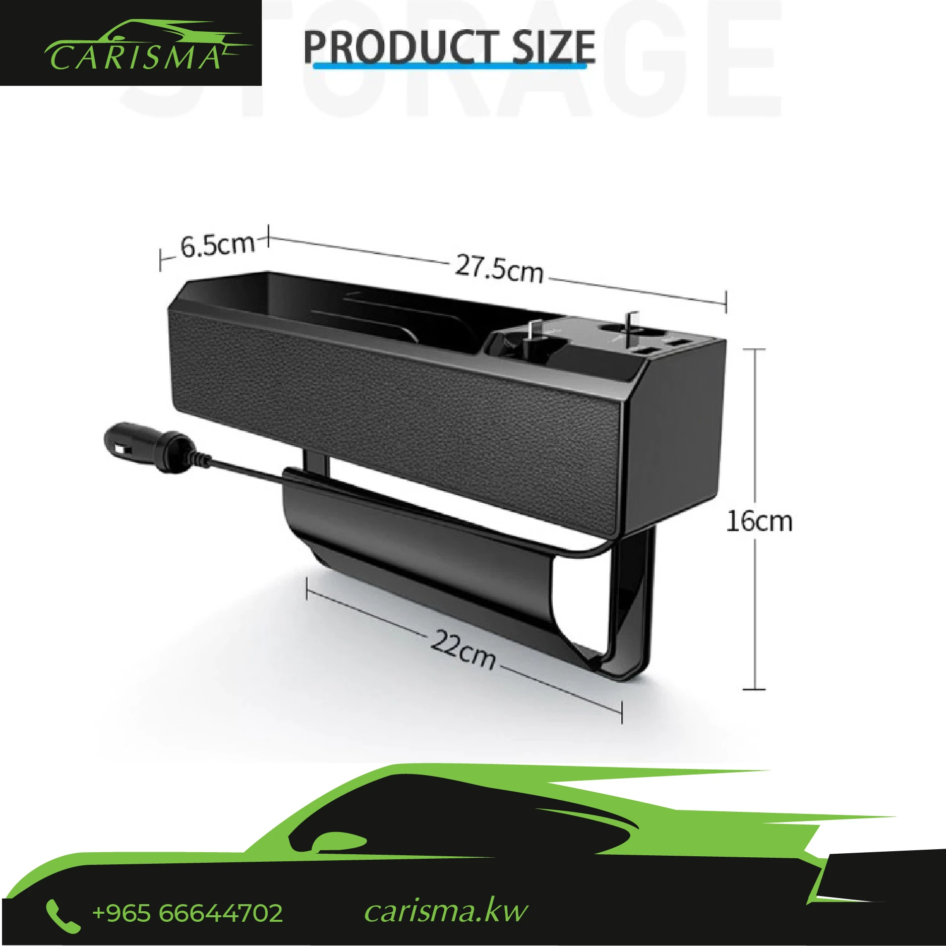 Gap Organizer with 2 USB Ports, iOS and Type-C QC3.0 Fast Cables